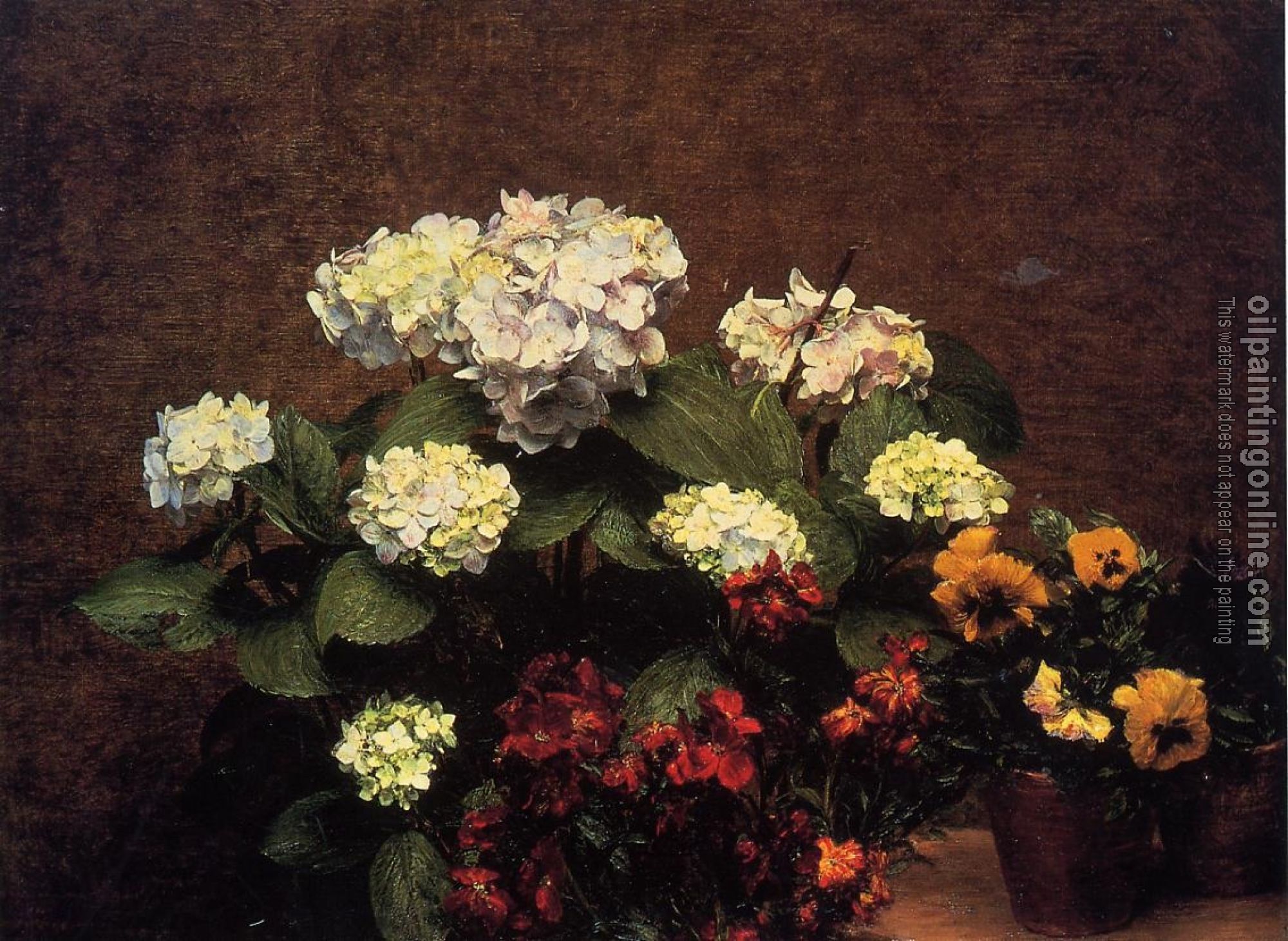 Fantin-Latour, Henri - Hydrangias, Cloves and Two Pots of Pansies